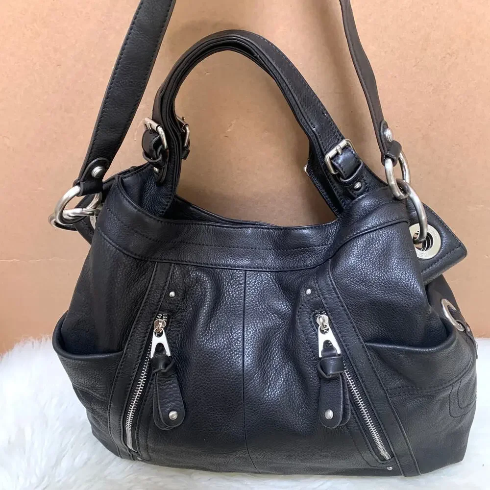 B. MAKOWSKY Extra Large Luxe Black Leather Convertible Shoulder Bag Tote